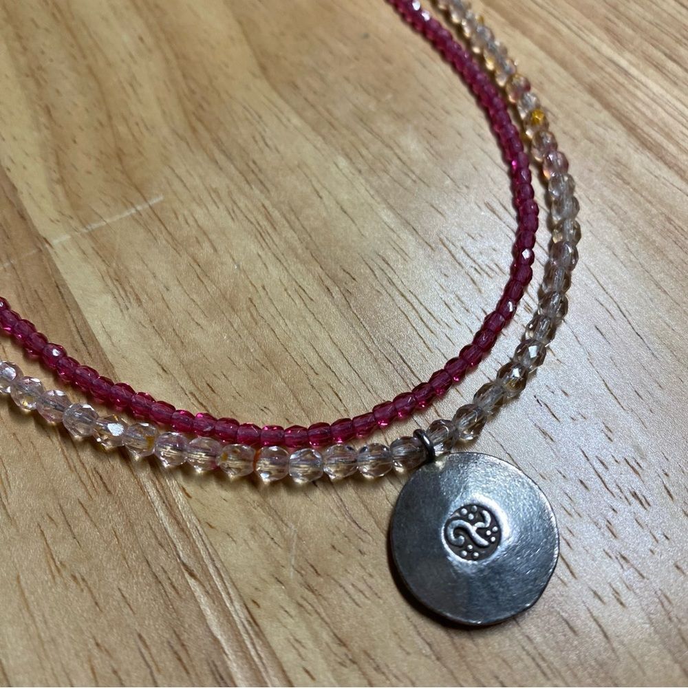 Layered Two Strand Pink Glass Crystal Bead Choker Necklace 15” w/ Silver Pendant